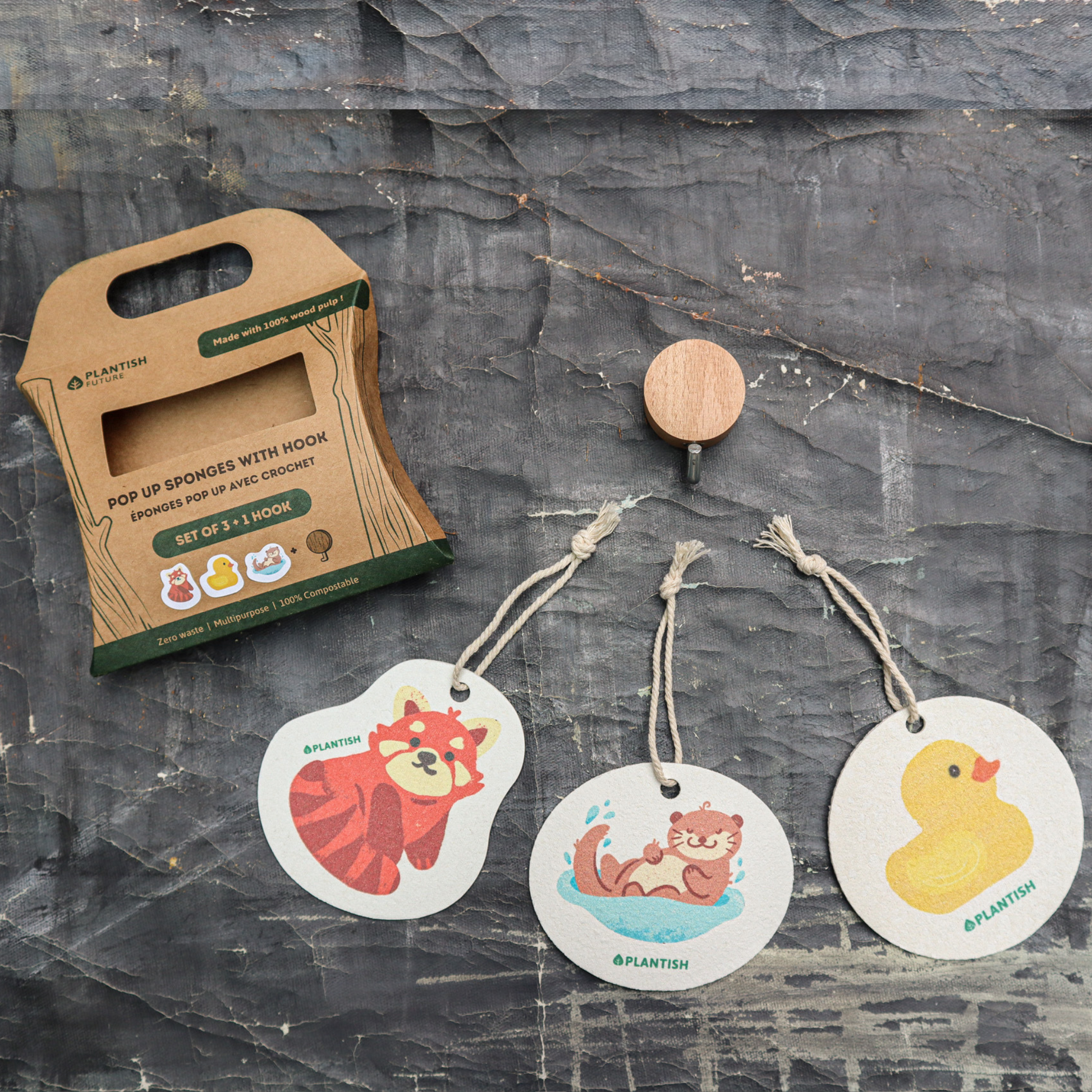 Set of 3 Furry Friends Pop up Sponges + Hook-0